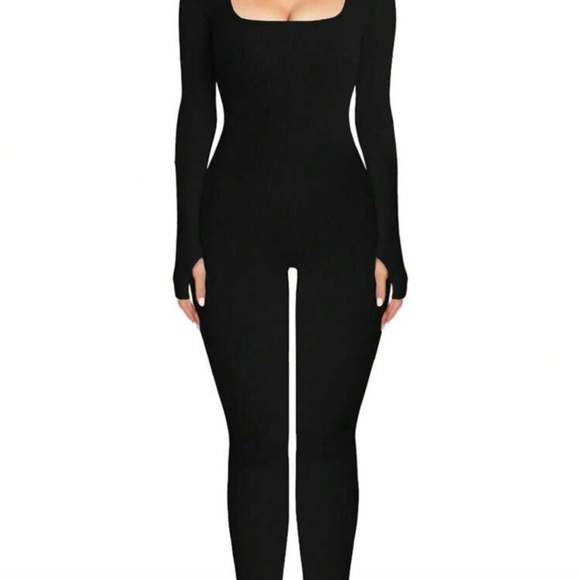 None Pants - Stylish Black Ribbed Jumpsuit
